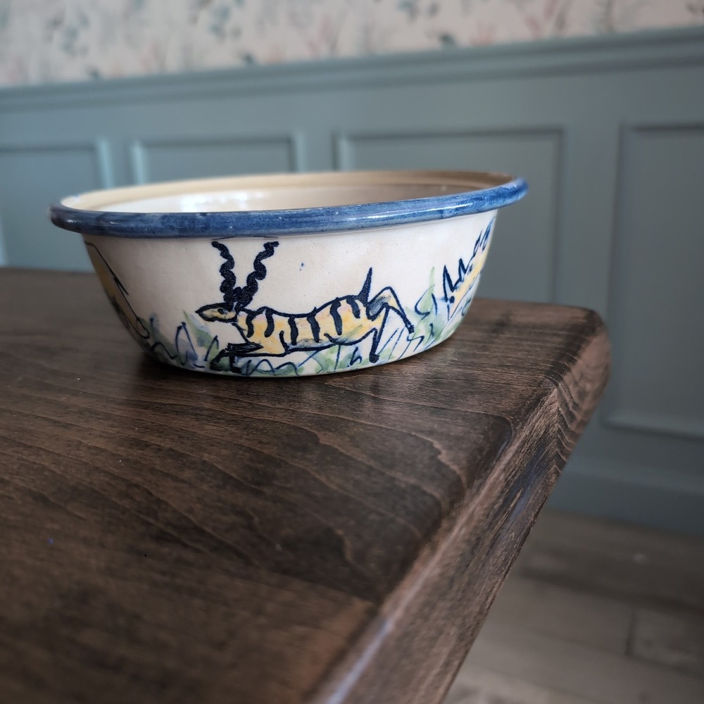 Hand Painted African Safari Pottery Bowl Zebra Elephant Antelope Blue Rim Tribal